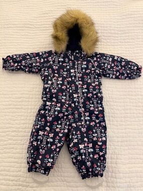 Reima Navy Floral Kids One-Piece Snowsuit with Faux Fur Hood - 9-12 month (74cm)